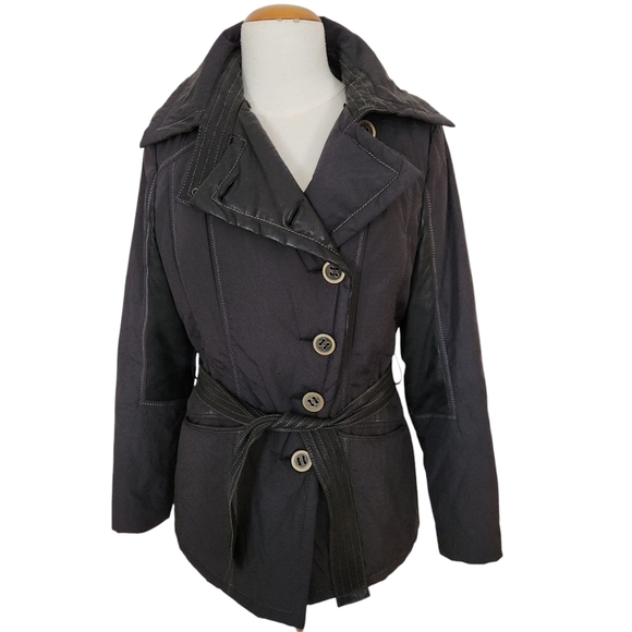 Danier Jackets & Blazers - DANIER Black Belted Jacket with Leather Accents & rabbit Fur Lining - Size small